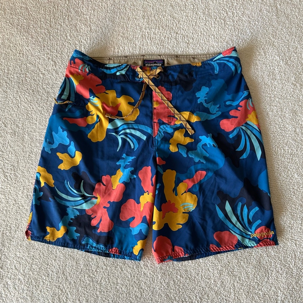 Patagonia Navy Floral Swim Trunks with orange & Yellow Accents